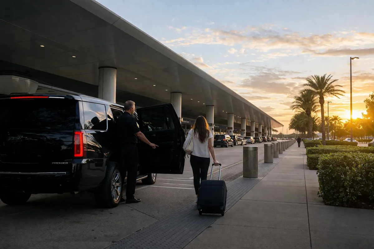 Driver opening the door of a black SUV for a traveller at an airport curb at sunset